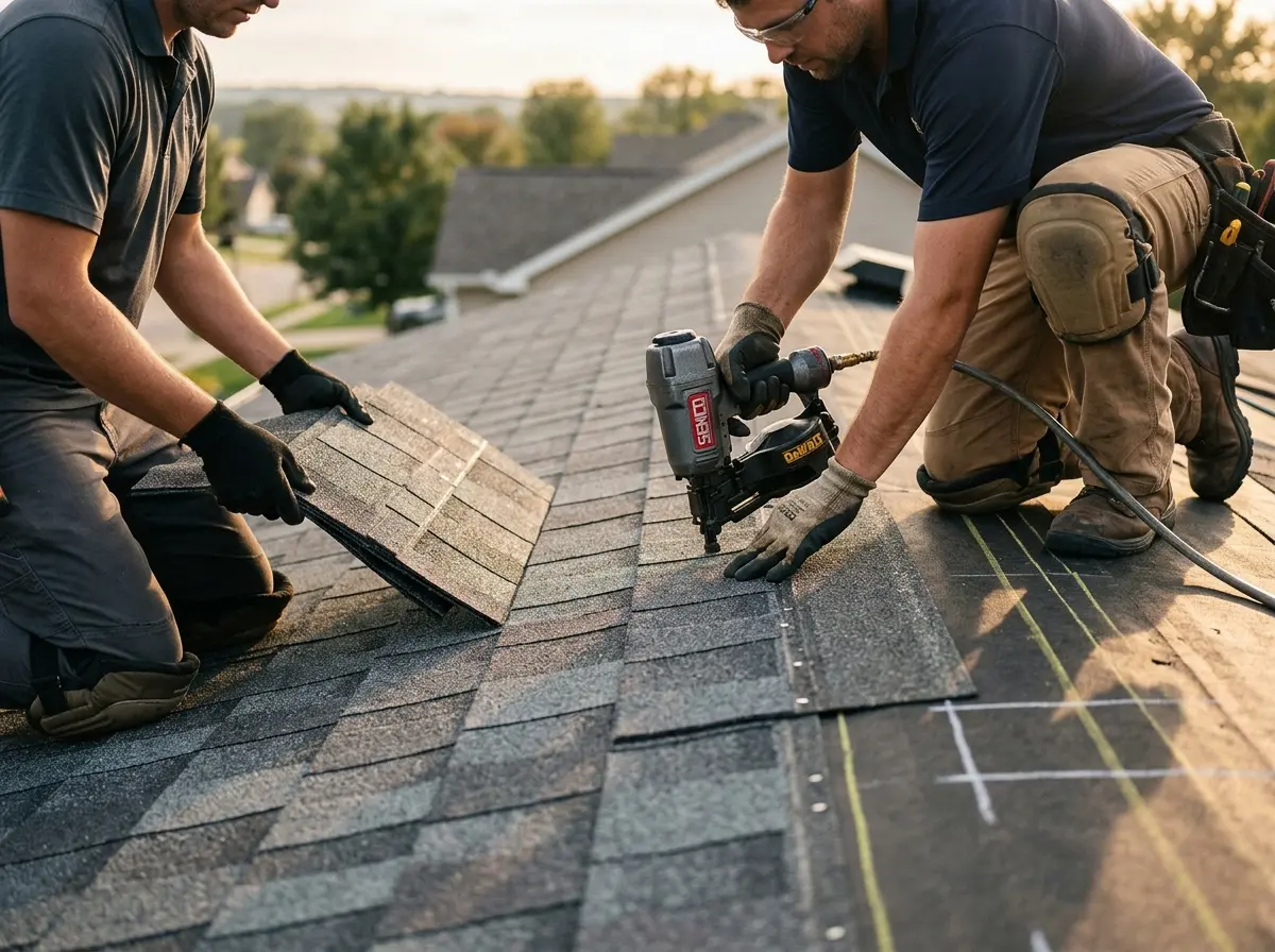 Professional roofer working on a residential roof in Bensenville